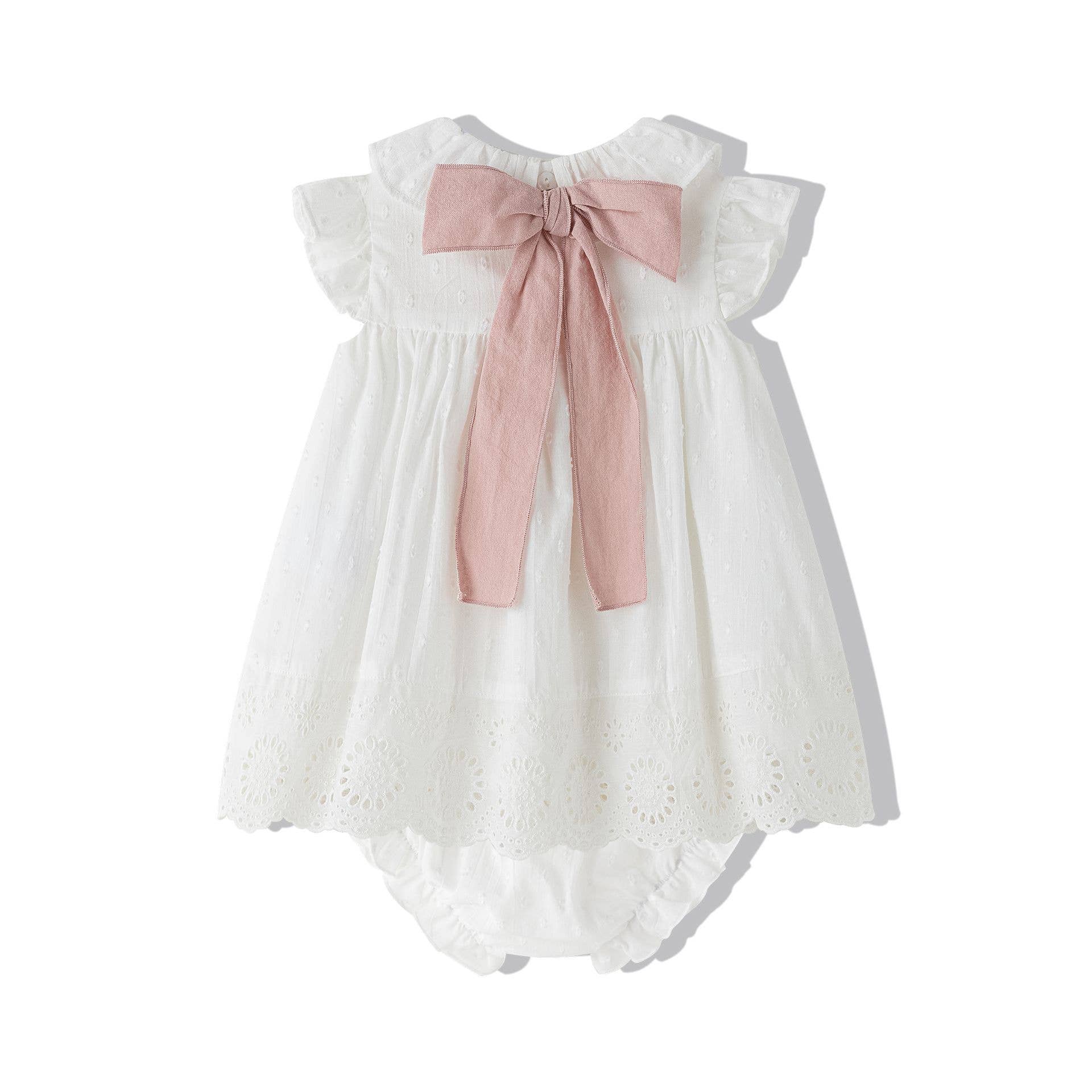 Baby jurk wit met roze strik + broekje